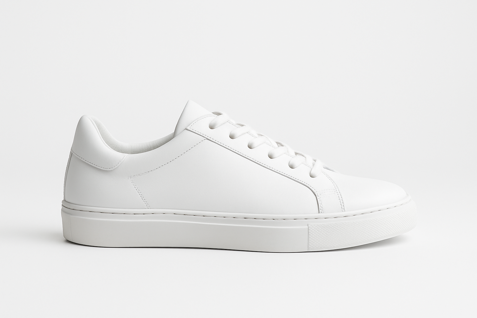 “Clean minimal design image of Mens White Leather Sneakers placed on a white background, showcasing the smooth leather texture, sleek silhouette, and modern low-top construction for a premium lifestyle look.”